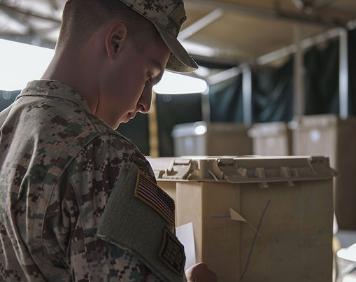 Military Service Member Reviewing Ballot Near Base Polling Station