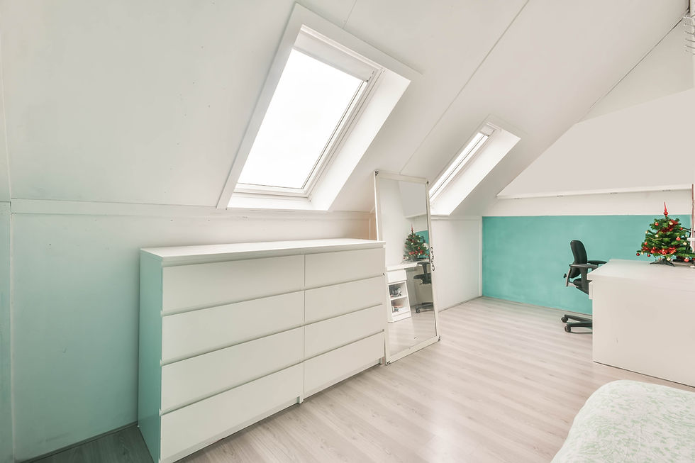 Modern Attic Room With White Built In Storage And Skylights
