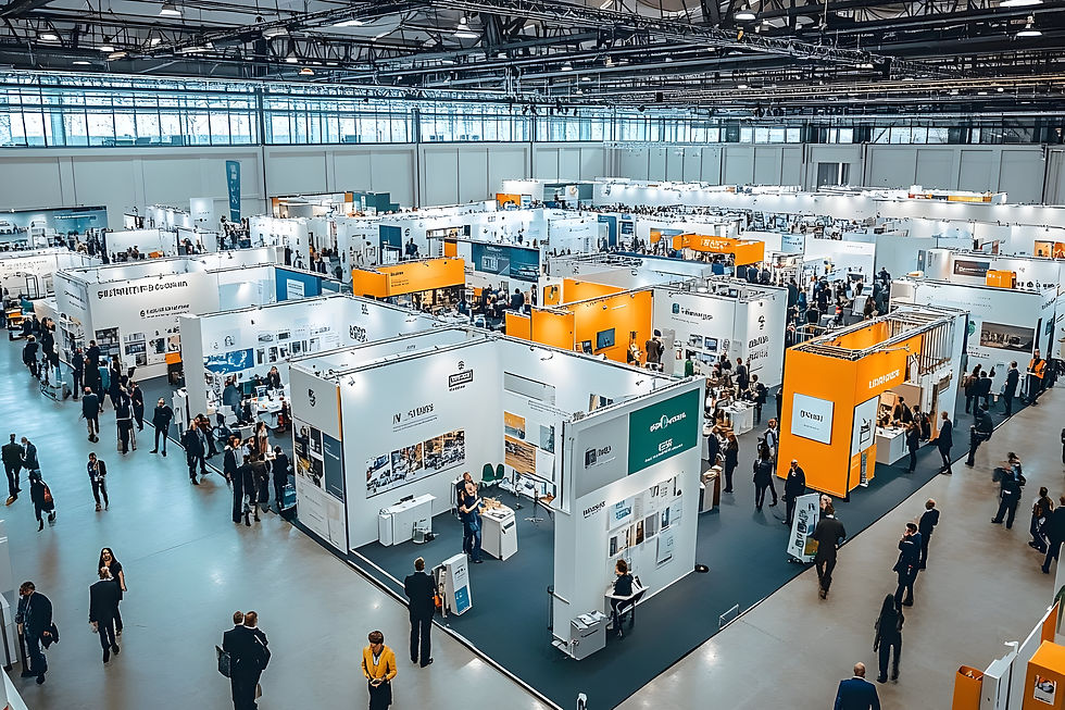 Large Trade Show Exhibition Hall With Modern Booths, Business Exhibitors, Product Displays, And Attendees Networking Throughout The Convention Floor