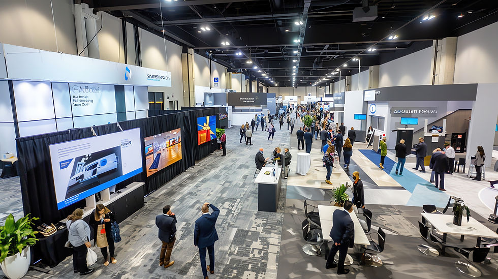 Modern Convention Center Exhibition Hall With Technology Booths, Digital Displays, Meeting Areas, And Business Professionals Networking Throughout The Venue