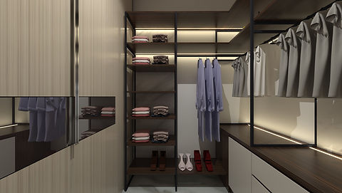 Modern Open Walk-In Wardrobe With Built-In Shelving, Hanging Rails, Folded Clothing Storage, Shoe Display, Integrated Lighting, And Sleek Contemporary Design