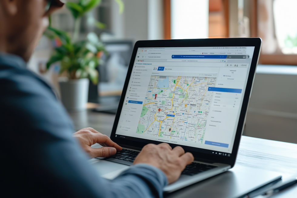 Person Using A Laptop Displaying A Map With Location Pins At A Desk Beside A Window And Potted Plant