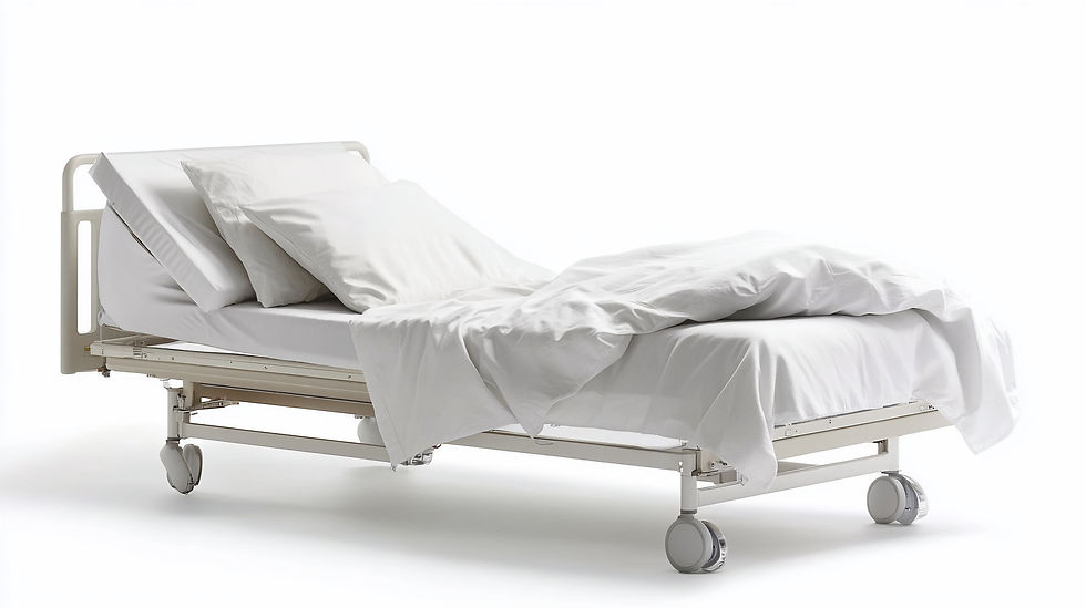 Clean Hospital Bed With White Linens And Pillows On Wheels