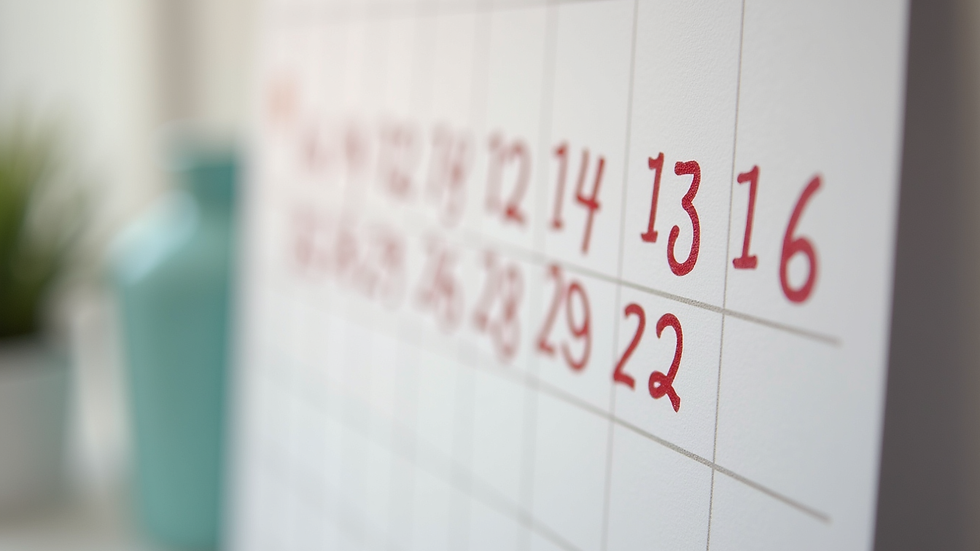 Close-up view of a calendar marked with menstrual cycle days