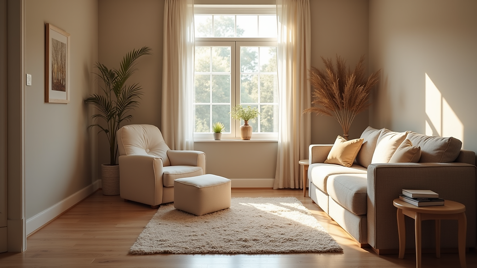 Eye-level view of a cozy therapy room with comfortable seating