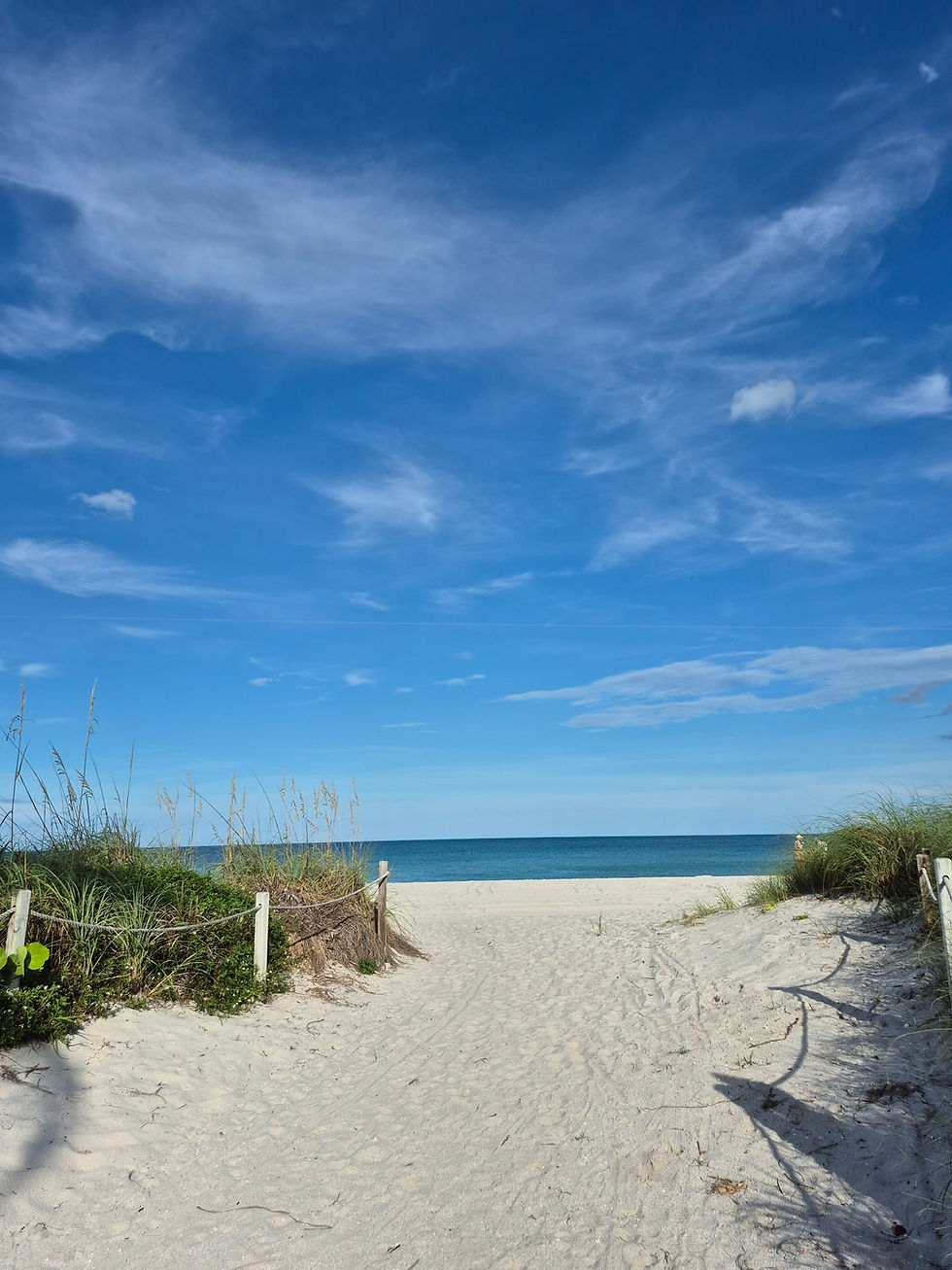 Sandy beach path leading to a calm ocean under a blue sky with wispy clouds. Grassy dunes border the path, creating a serene scene.