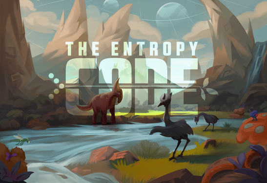 Digital art poster of an alien landscape illustrating natural selection in a simulated universe, with vivid colors and evolving life forms.