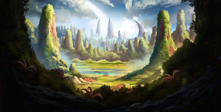 Early concept art of an otherworldly pasture with a blue sky and bright sun, creating a serene yet subtly eerie atmosphere, hinting at the alien nature of the landscape.