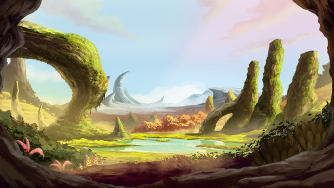 A transitional landscape showing a shift from lush pastures to a rocky, barren terrain, symbolizing the gradual change in the simulated planet’s environment.