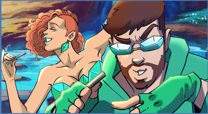 Close-up of Jax and Kaila’s faces during their music video performance, showcasing their intense expressions and the duality of their roles at Enter-Tek as both IT professionals and performers.
