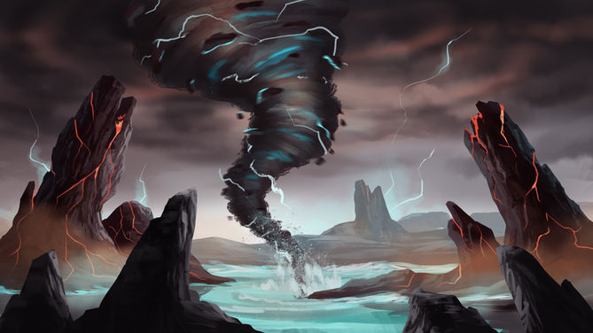 Conceptual art of a gigantic otherworldly storm, illustrating the peril of altering code during an active simulation at Enter-Tek.
