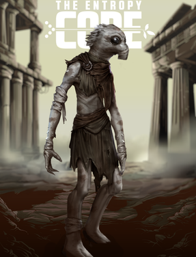 A realistic, birdlike alien captive in tattered clothing stands before crumbling coliseum-like ruins, symbolizing exploitation and resilience in The Entropy Code’s dystopian world.