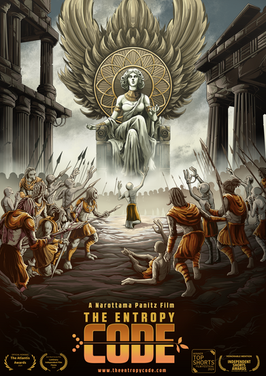 Poster for The Entropy Code, featuring a monumental statue of Kaila, depicted as a divine figure worshipped by both Captives and Captors. The design highlights the contrast between her godlike status in the simulated world and her real-life role as an intern, appealing to fans of simulation games. The artwork is rich in theological themes and crafted to captivate a diverse audience