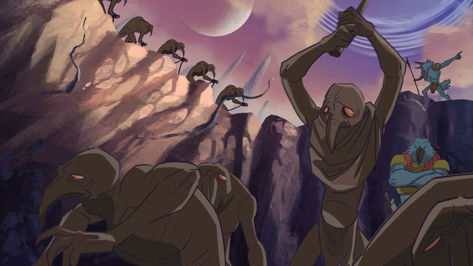 Gray-skinned alien captives labor in pits under the supervision of bird-like captors. The captives, dressed in ragged clothes, work frantically, while the captors, clad in armor, observe from above, their weapons casting long shadows over the scene.