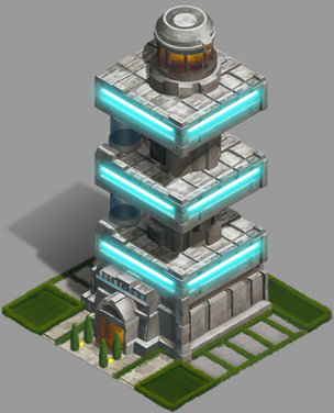 Futuristic isometric building glowing with teal lights, representing the Enter-Tek corporate tower from The Entropy Code.