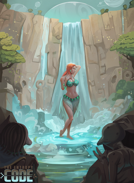 Kaila, a red‑haired woman, stands under a vibrant waterfall in an alien environment, observed by figures in the foreground—an idyllic scene that hints at the fragile illusions of paradise in a simulated world.