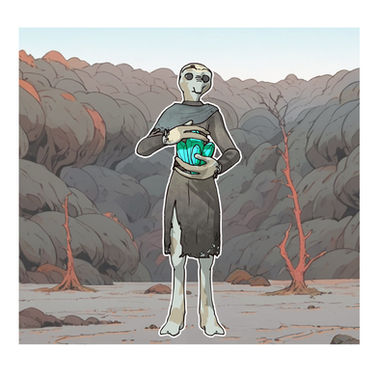 A slender alien captive wearing tattered clothes stands in a barren, forested landscape, holding bright turquoise crystals of “essence,” symbolizing the delicate balance between survival and exploitation.