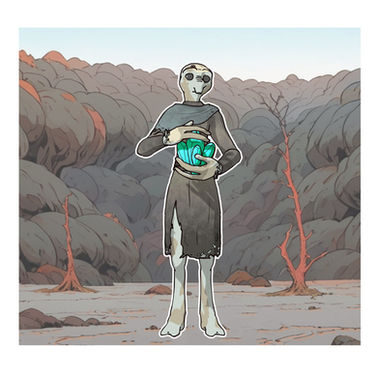 A slender alien captive wearing tattered clothes stands in a barren, forested landscape, holding bright turquoise crystals of “essence,” symbolizing the delicate balance between survival and exploitation.