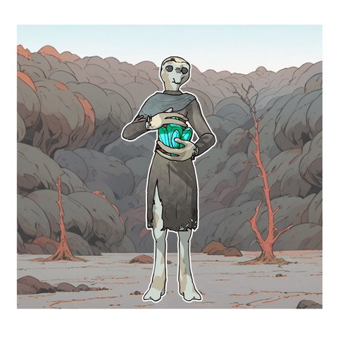 A slender alien captive wearing tattered clothes stands in a barren, forested landscape, holding bright turquoise crystals of “essence,” symbolizing the delicate balance between survival and exploitation.