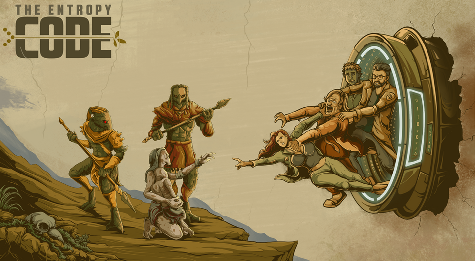 Stylized characters stepping from a glowing portal in a desert landscape, symbolizing the birth of the simulated world in The Entropy Code.