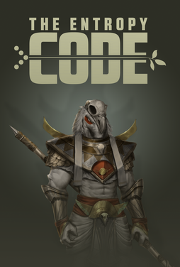 Poster of Ganshee, an armored alien figure holding a spear, wearing a ceremonial mask and cloak, from The Entropy Code.