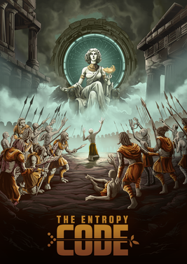 Golden sci-fi poster featuring a radiant deity-like figure above kneeling subjects, from The Entropy Code.