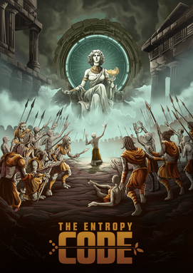 Golden sci-fi poster featuring a radiant deity-like figure above kneeling subjects, from The Entropy Code.