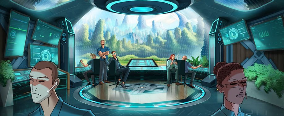 Enter-Tek’s high-tech observation room, filled with holographic displays and futuristic workstations, where employees monitor simulations with focused intensity.