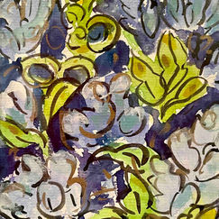 Abstract botanical painting with green, yellow, grey and purple forms by Jackie Wilkes