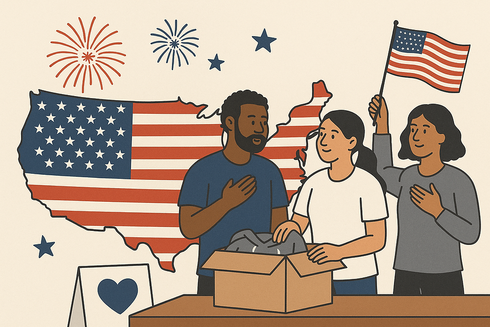 Illustration of diverse nonprofit volunteers working together in front of a U.S. map styled like the American flag, with fireworks and stars in the background, symbolizing community service and patriotism on Independence Day.