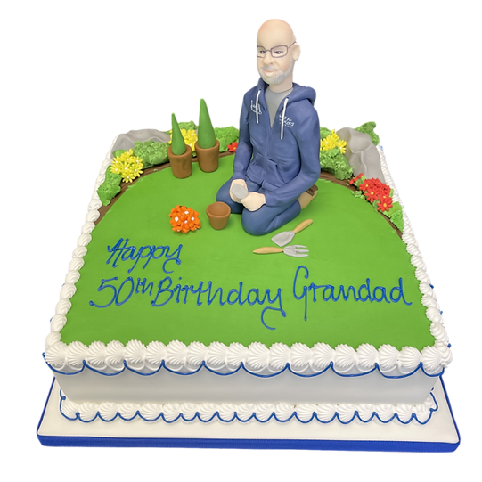 Bespoke Gardening Man cake with edible tools and flowers, crafted for celebration in Solihull, West Midlands.