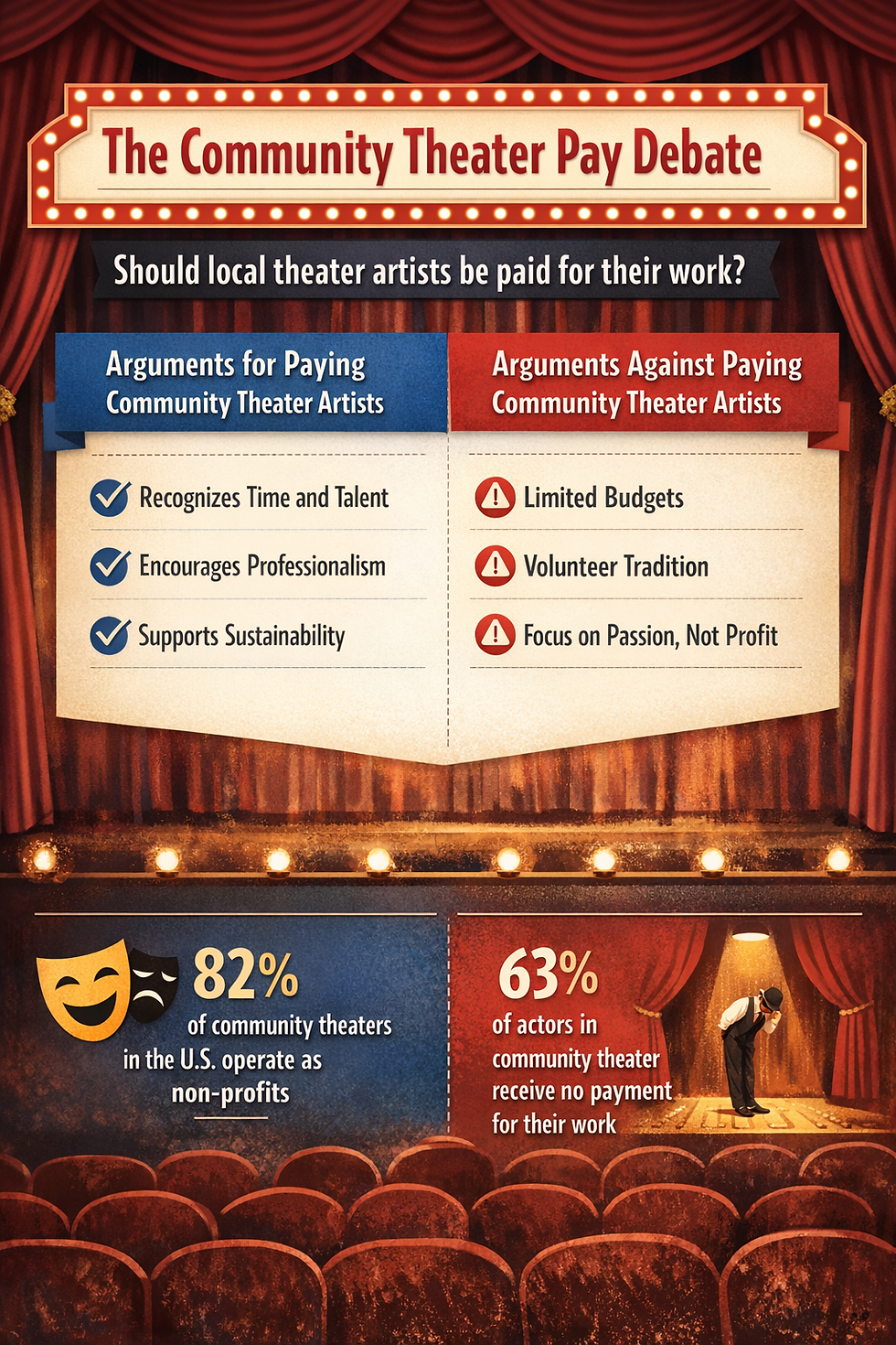 Infographic illustrating the debate over compensation in community theater, including key arguments and national statistics. (Graphic by Floyd Anderson)