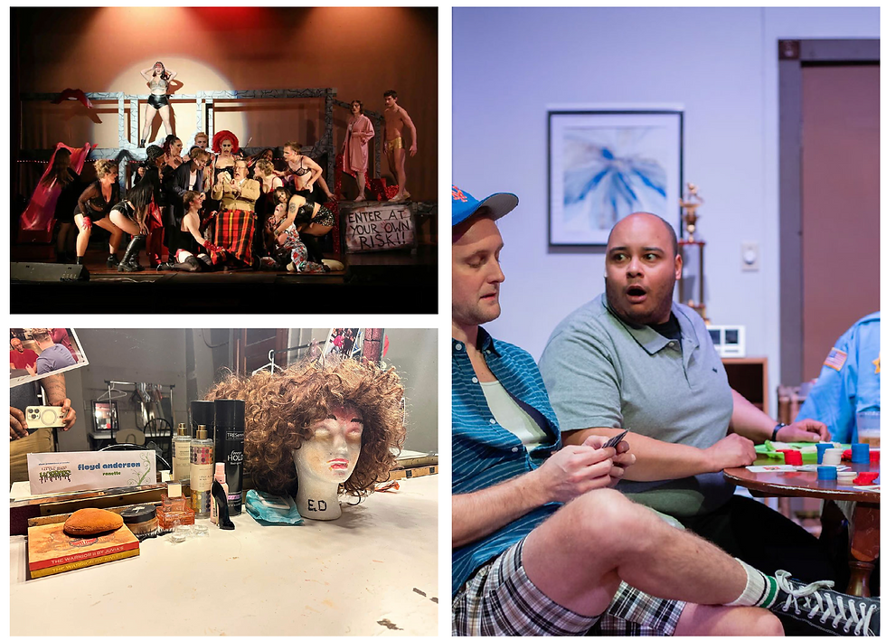 Many performers volunteer dozens of hours for each show. Photos L-R; Stone Productions "Rocky Horror Show", Dressing room for an actor in "Little Shop of Horrors", Oregon Community Theater "The Odd Couple" All photos belong to their respected production companies listed.