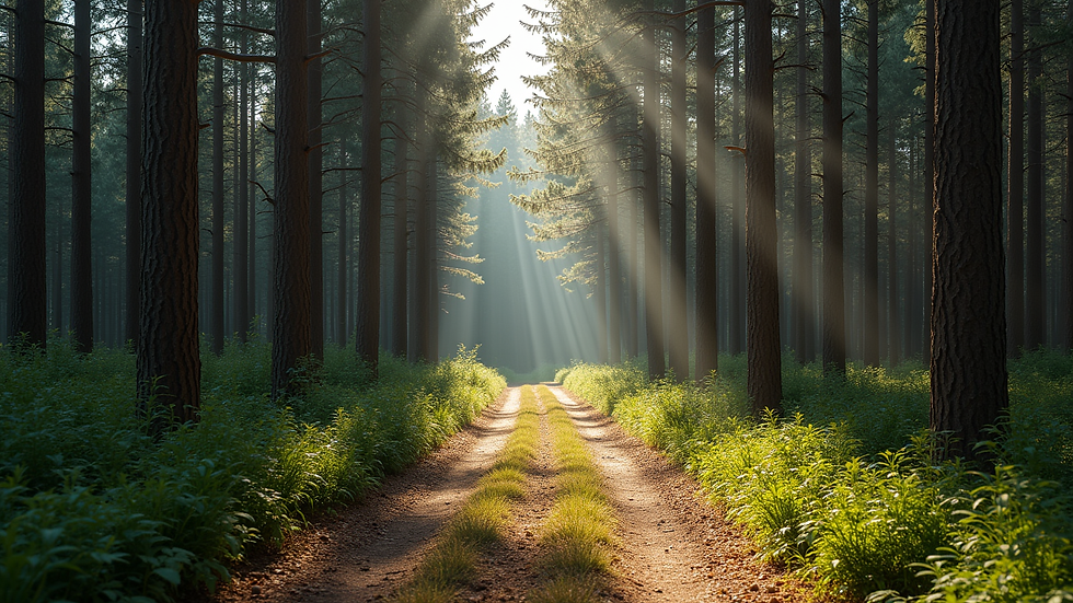 Eye-level view of a quiet pine forest path in Lansdowne