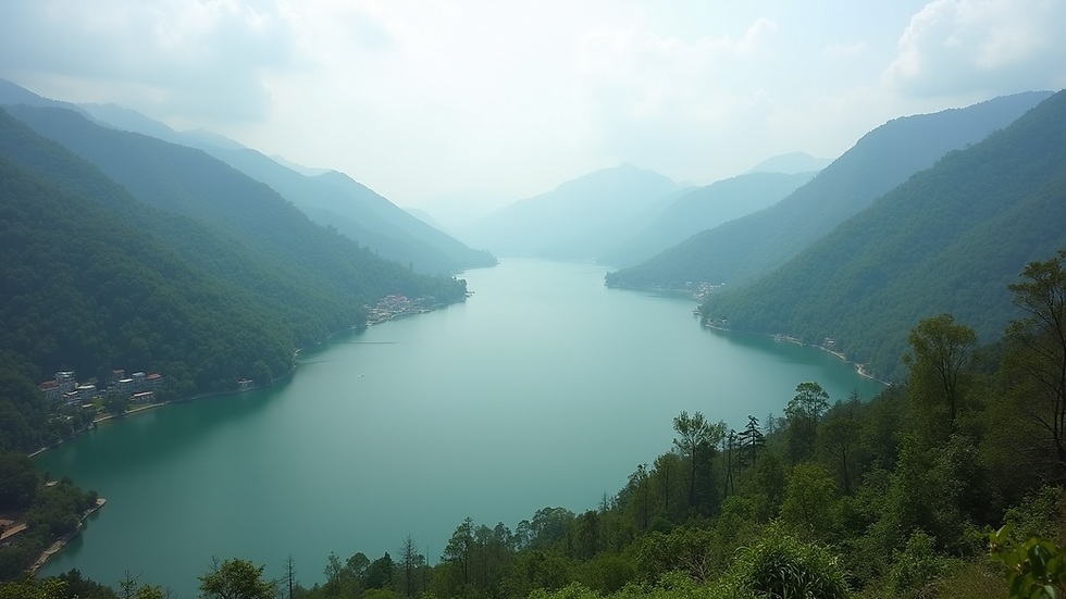 Wide angle view of Naini Lake surrounded by green hills in Nainital