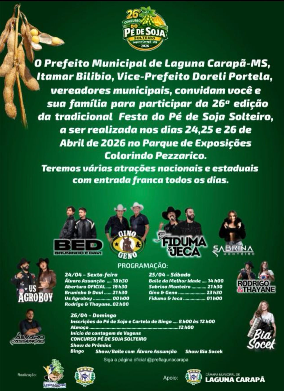 Laguna Carapã se prepara para a 26ª Festa do Pé de Soja Solteiro com grandes atrações e entrada gratuita