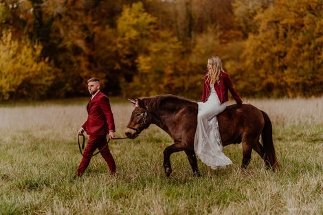 Jeunes mariés et cheval dans la nature