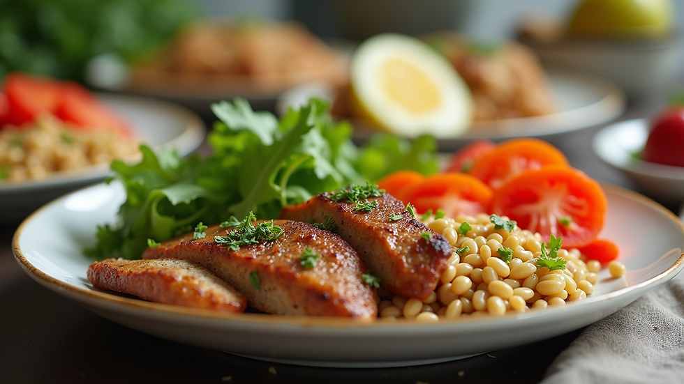 Close-up view of a heart-healthy meal with colorful vegetables and grains