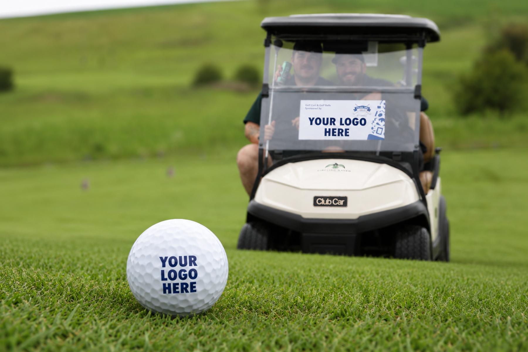 Example golf cart and golf ball sponsor placement at the Marcus Trufant golf tournament