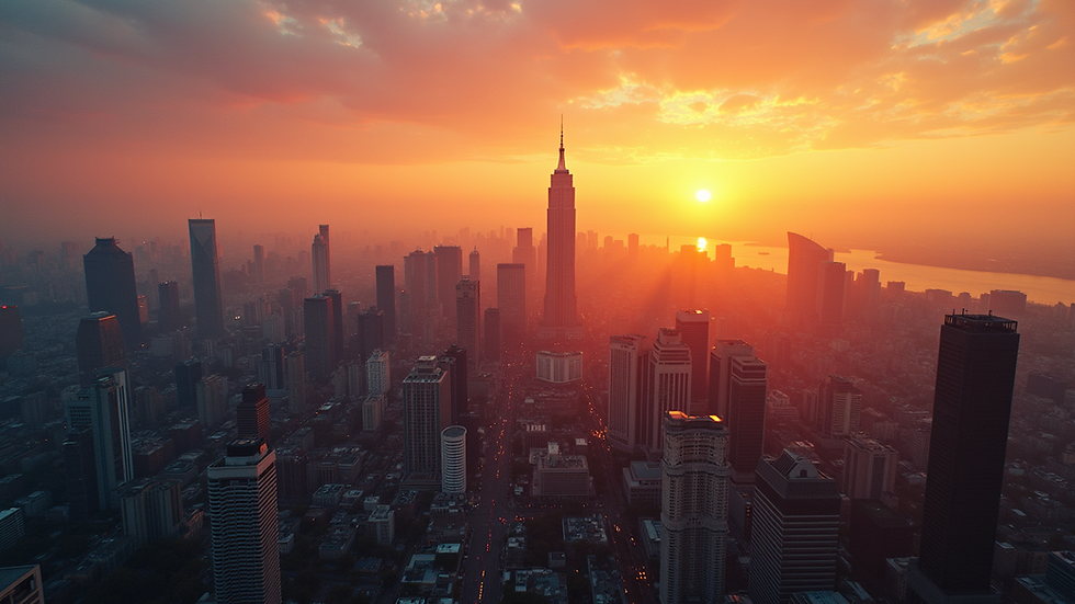 Wide angle view of a vibrant cityscape at sunset