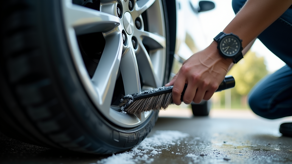 Eye-level view of car wheel being cleaned with brush