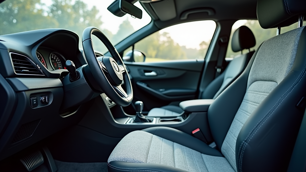 Eye-level view of a clean car interior with vacuumed seats and dashboard