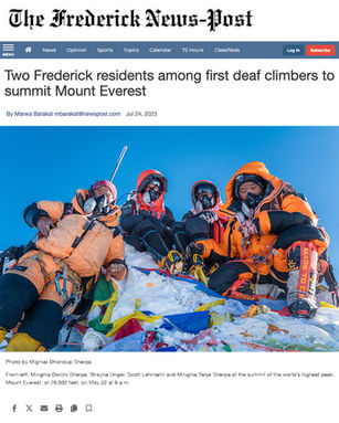 Screenshot of The Frederick News-Post article titled 'Two Frederick residents among first deaf climbers to summit Mount Everest' with a link to the full article.