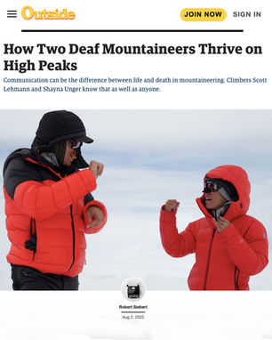 Screenshot of Outside Magazine article titled 'How Two Deaf Mountaineers Thrive on High Peaks' with a link to the full article.