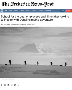 Screenshot of The Frederick News-Post article titled 'School for the deaf employees and filmmaker looking to inspire with Denali climbing adventure' with a link to the full article.