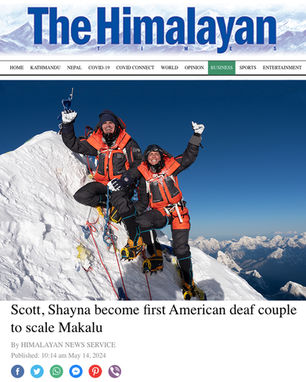 Screenshot of The Himalayan article titled 'Scott, Shayna Become First American Deaf Couple to Scale Makalu' with a link to the full article.