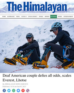 Screenshot of The Himalayan article titled 'Deaf American couple defies all odds scales Everest, Lhotse' with a link to the full article.