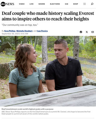 Screenshot of ABC News article titled 'Deaf couple who make history scaling Everest aims to inspire others to reach their heights' with a link to the full article.