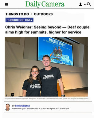 Screenshot of Daily Camera article titled 'Chris Weidner: Seeing Beyond Deaf couple aims high for summits, higher for service' with a link to the full article.