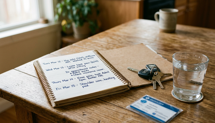 Close-up view of a notebook with handwritten pain notes beside car keys